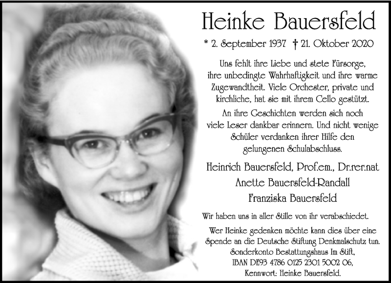  Traueranzeige für Heinke Bauersfeld vom 31.10.2020 aus Neue Westfälische