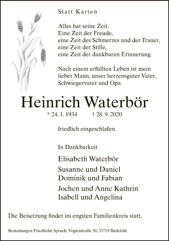 Traueranzeige von Heinrich Waterbör von Neue Westfälische