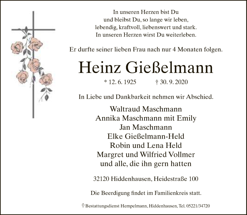  Traueranzeige für Heinz Gießelmann vom 03.10.2020 aus Neue Westfälische