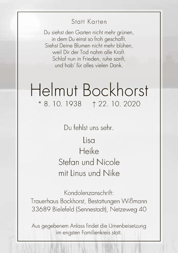 Traueranzeige für Helmut Bockhorst vom 31.10.2020 aus Neue Westfälische