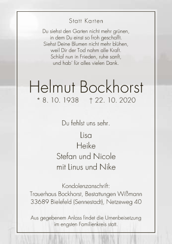 Traueranzeige von Helmut Bockhorst von Neue Westfälische