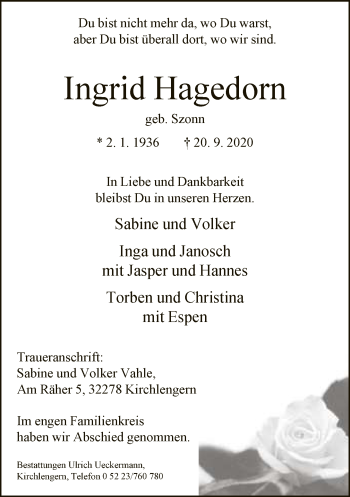 Traueranzeige von Ingrid Hagedorn von Neue Westfälische