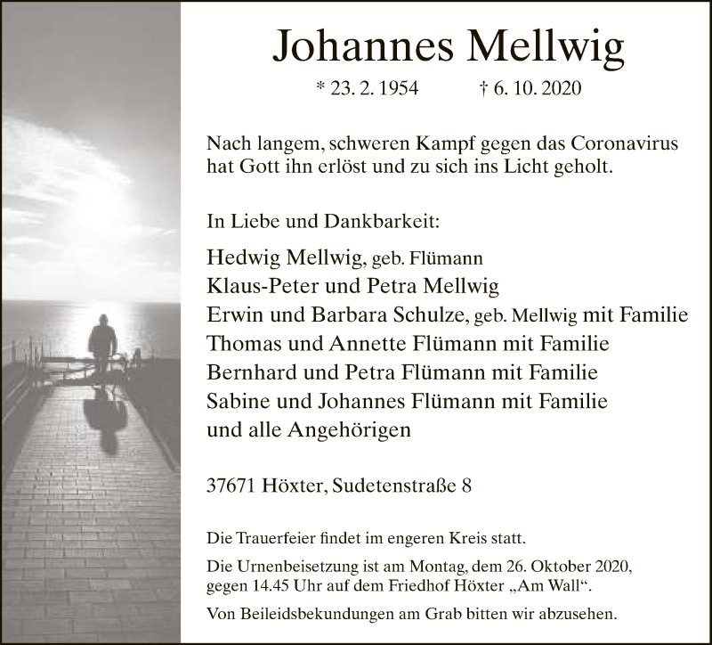  Traueranzeige für Johannes Mellwig vom 17.10.2020 aus Neue Westfälische