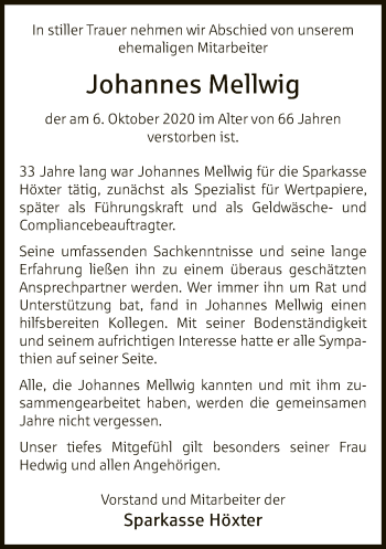 Traueranzeige von Johannes Mellwig von Neue Westfälische