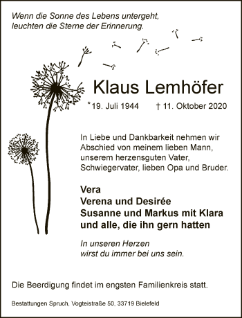Traueranzeige von Klaus Lemhöfer von Neue Westfälische