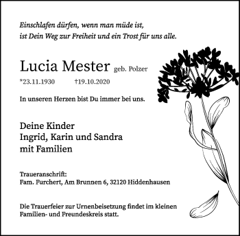 Traueranzeige von Lucia Mester von Neue Westfälische