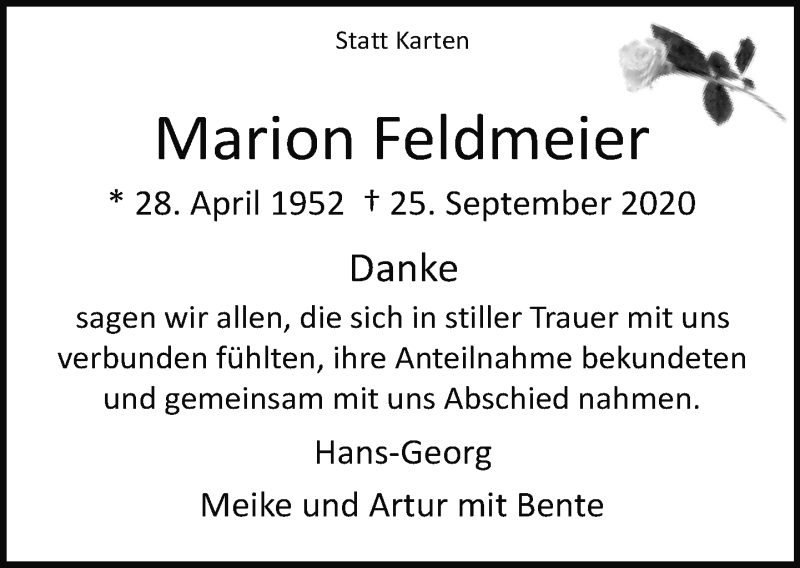  Traueranzeige für Marion Feldmeier vom 26.10.2020 aus Neue Westfälische