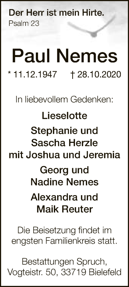  Traueranzeige für Paul Nemes vom 31.10.2020 aus Neue Westfälische