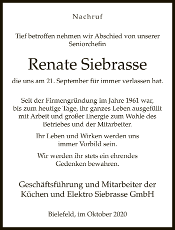 Traueranzeige von Renate Siebrasse von Neue Westfälische