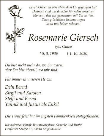 Traueranzeige von Rosemarie Giersch von Neue Westfälische
