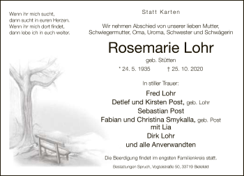 Traueranzeige von Rosemarie Lohr von Neue Westfälische