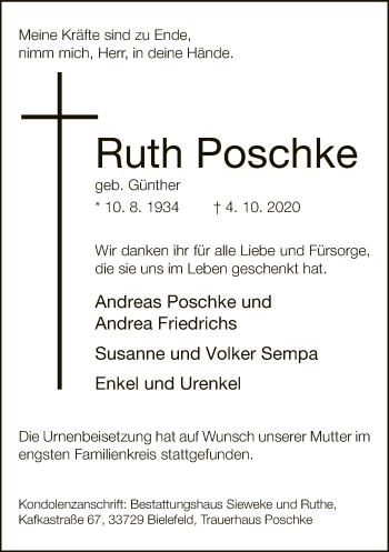 Traueranzeige von Ruth Poschke von Neue Westfälische