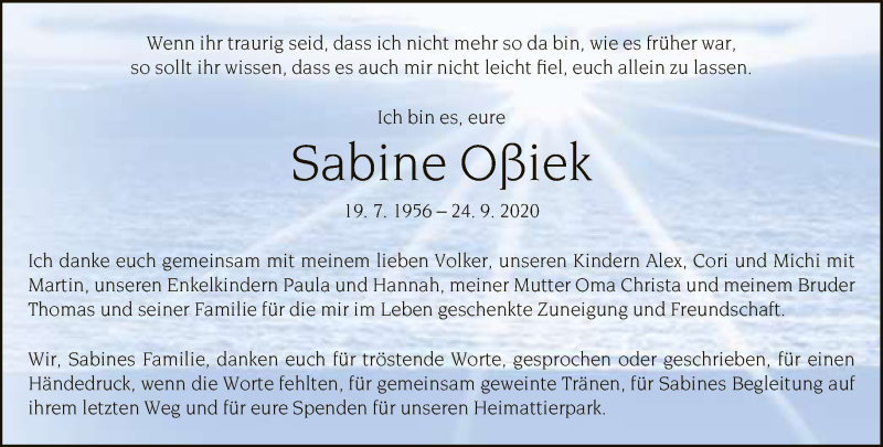  Traueranzeige für Sabine Oßiek vom 31.10.2020 aus Neue Westfälische