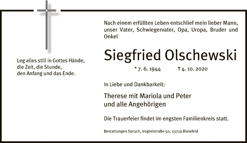  Traueranzeige für Siegfried Olschewski vom 10.10.2020 aus Neue Westfälische