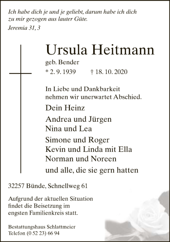 Traueranzeige von Ursula Heftmann von Neue Westfälische