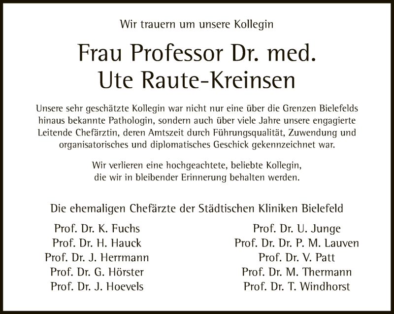  Traueranzeige für Ute Raute-Kreinsen vom 31.10.2020 aus Neue Westfälische