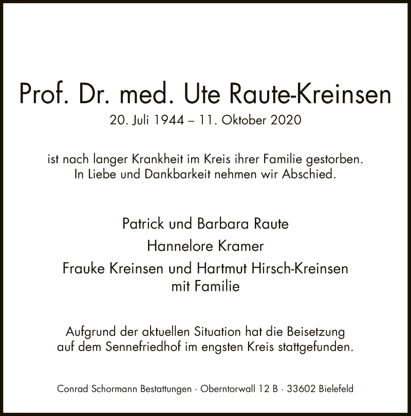  Traueranzeige für Ute Raute-Kreinsen vom 24.10.2020 aus Neue Westfälische