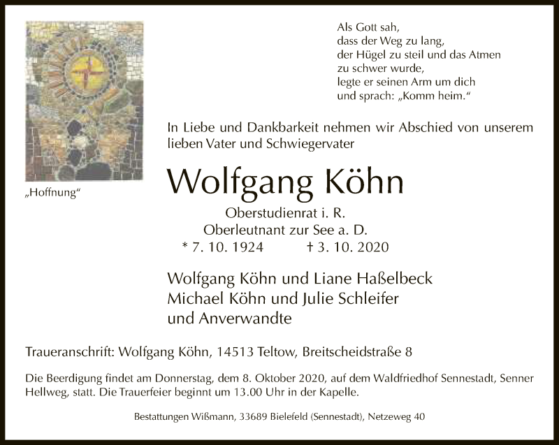  Traueranzeige für Wolfgang Köhn vom 06.10.2020 aus Neue Westfälische