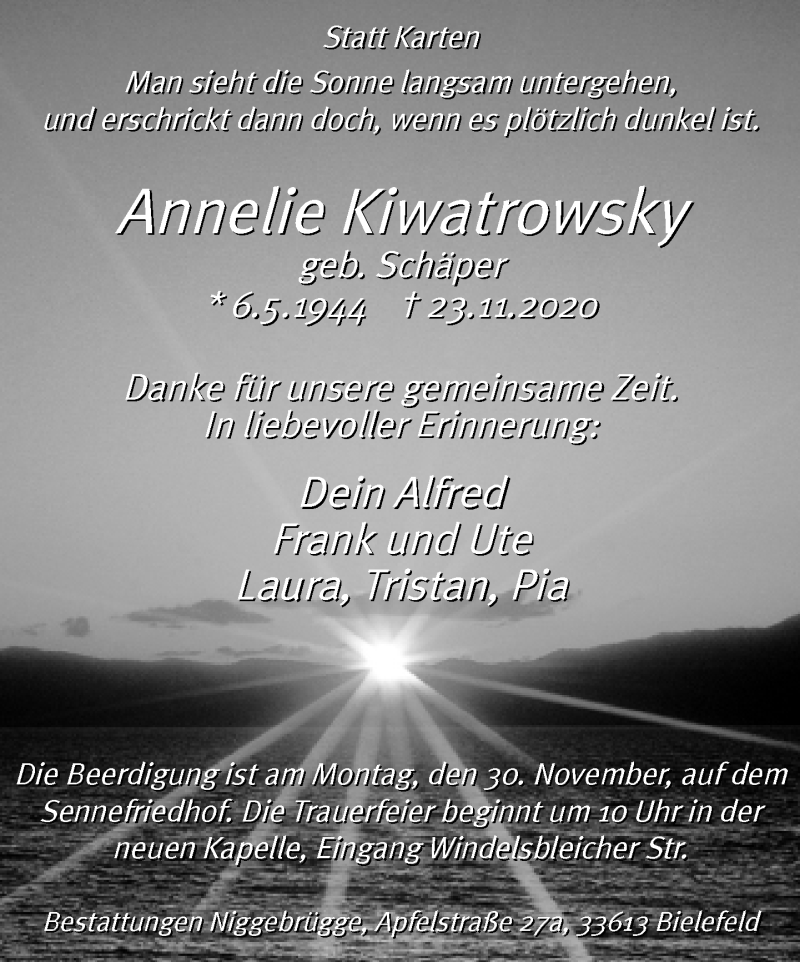  Traueranzeige für Annelie Kiwatrowsky vom 28.11.2020 aus Neue Westfälische