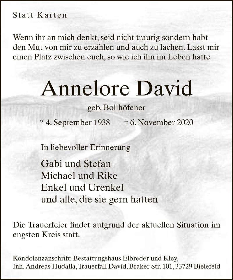  Traueranzeige für Annelore David vom 14.11.2020 aus Neue Westfälische