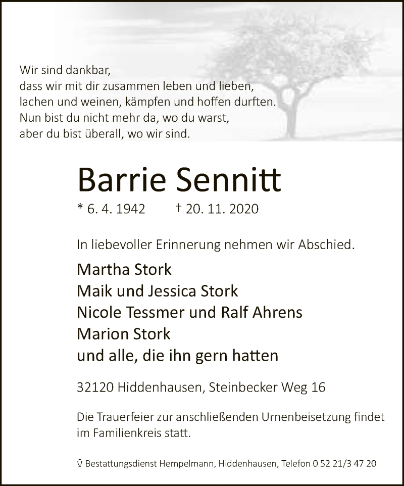  Traueranzeige für Barrie Sennitt vom 25.11.2020 aus Neue Westfälische