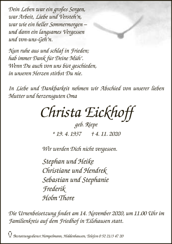 Traueranzeige von Christa Eickhoff von Neue Westfälische