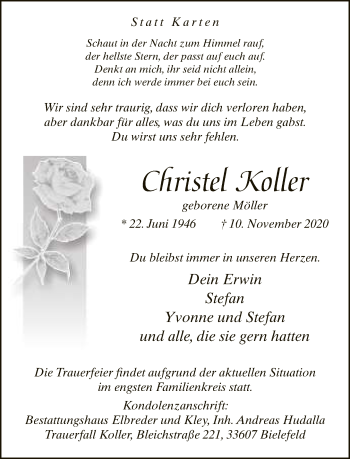 Traueranzeige von Christel Koller von Neue Westfälische