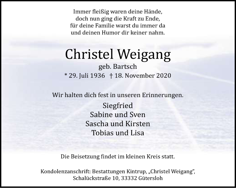  Traueranzeige für Christel Weigang vom 21.11.2020 aus Neue Westfälische