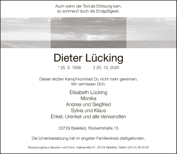 Traueranzeige von Dieter Lücking von Neue Westfälische