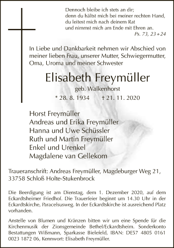 Traueranzeige von Elisabeth Freymüller von Neue Westfälische