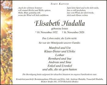 Traueranzeige von Elisabeth Hudalla von Neue Westfälische