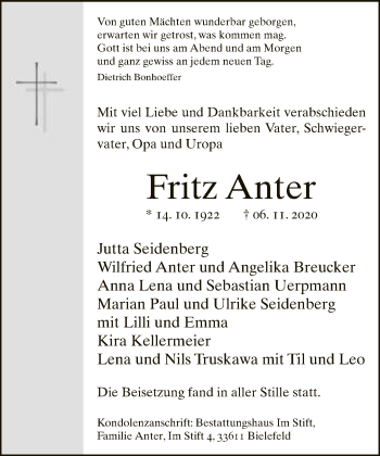 Traueranzeige von Fritz Anter von Neue Westfälische
