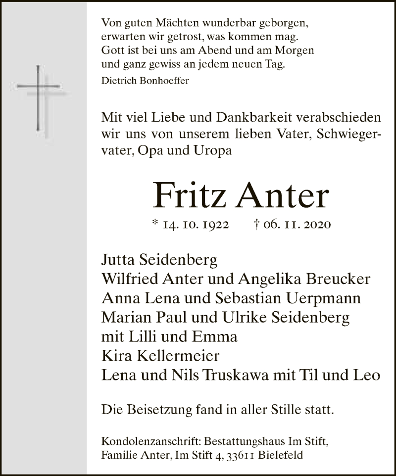  Traueranzeige für Fritz Anter vom 14.11.2020 aus Neue Westfälische