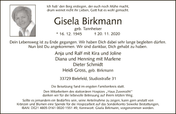 Traueranzeige von Gisela Birkmann von Neue Westfälische