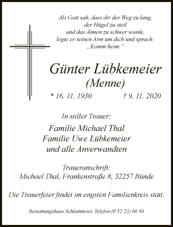 Traueranzeige von Günter Lübkemeier von Neue Westfälische
