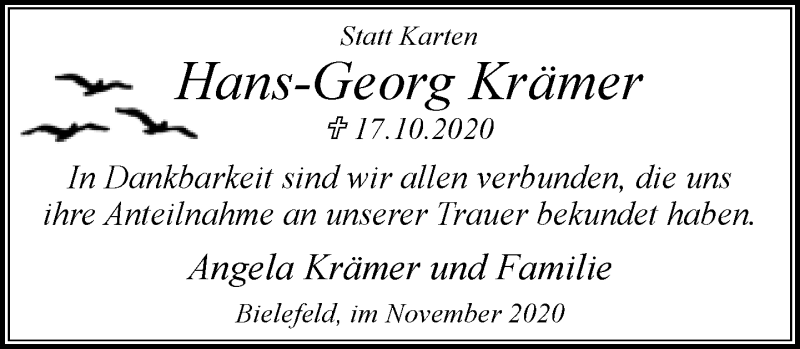  Traueranzeige für Hans-Georg Krämer vom 21.11.2020 aus Neue Westfälische