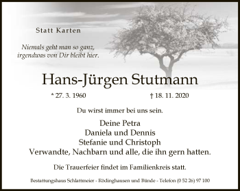Traueranzeige von Hans-Jürgen Stutmann von Neue Westfälische