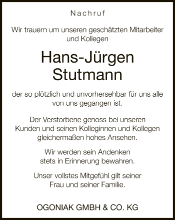 Traueranzeige von Hans-Jürgen Stutmann von Neue Westfälische