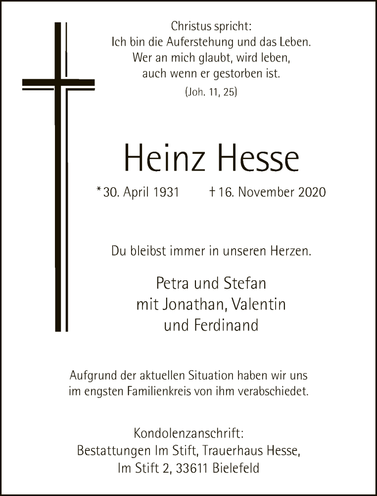  Traueranzeige für Heinz Hesse vom 28.11.2020 aus Neue Westfälische