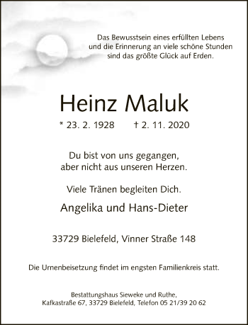 Traueranzeige von Heinz Maluk von Neue Westfälische