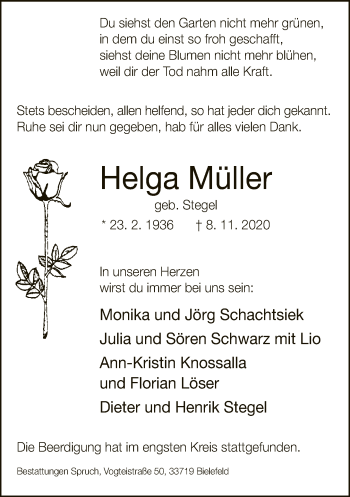 Traueranzeige von Helga Müller von Neue Westfälische