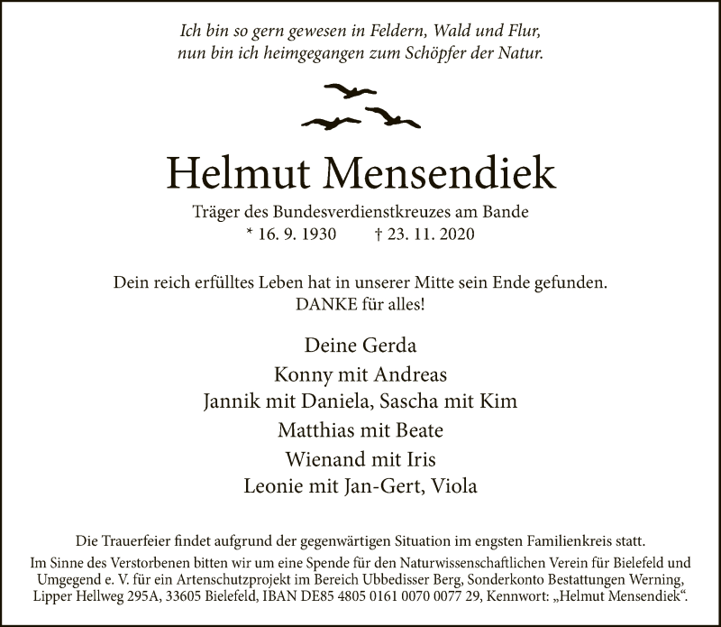  Traueranzeige für Helmut Mensendiek vom 28.11.2020 aus Neue Westfälische