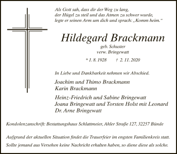 Traueranzeige von Hildegard Brackmann von Neue Westfälische
