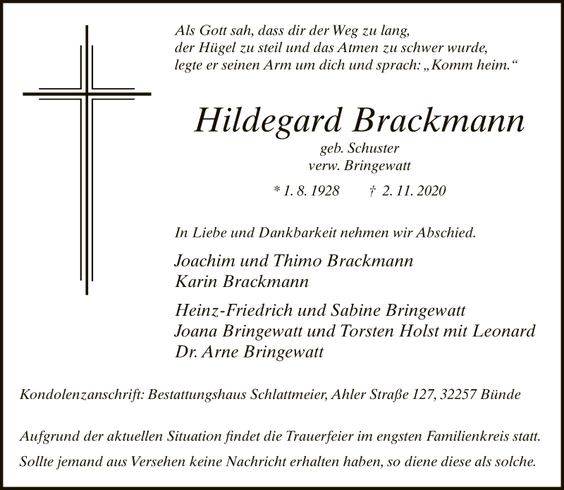  Traueranzeige für Hildegard Brackmann vom 07.11.2020 aus Neue Westfälische