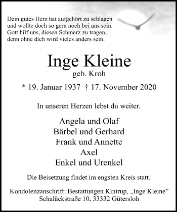 Traueranzeige von Inge Kleine von Neue Westfälische