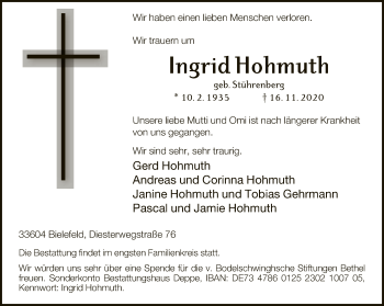 Traueranzeige von Ingrid Hohmuth von Neue Westfälische