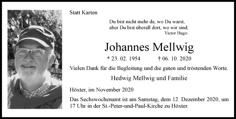  Traueranzeige für Johannes Mellwig vom 28.11.2020 aus Neue Westfälische