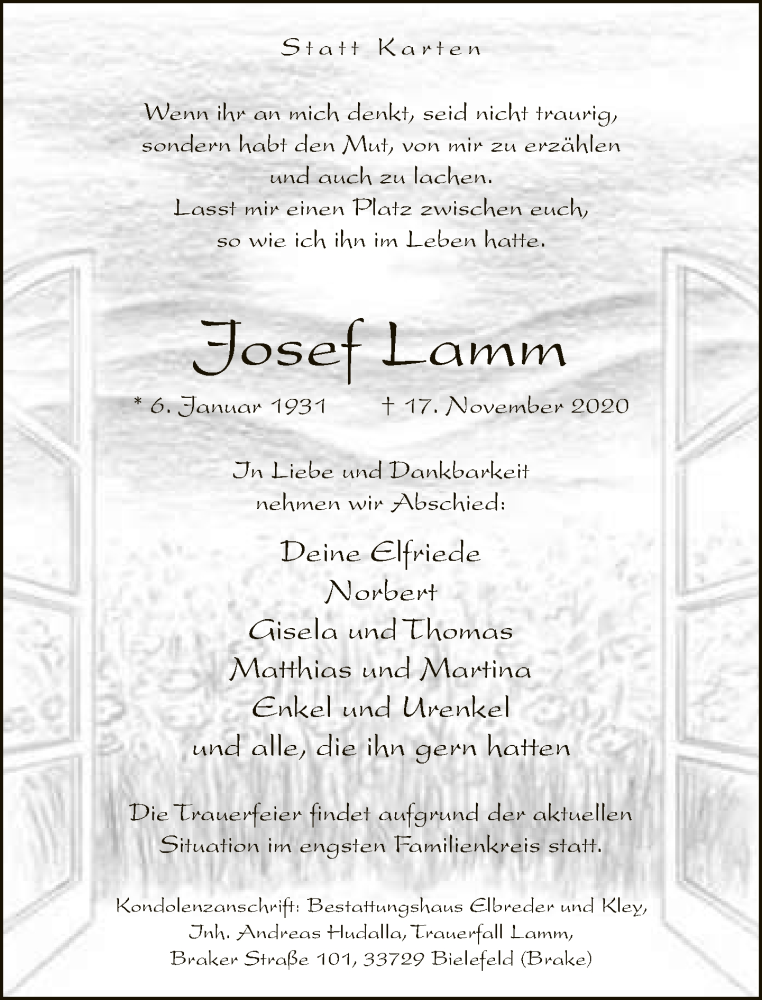  Traueranzeige für Josef Lamm vom 21.11.2020 aus Neue Westfälische