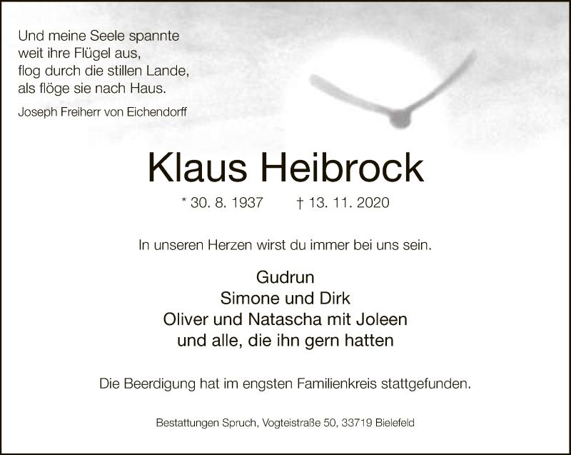  Traueranzeige für Klaus Heibrock vom 21.11.2020 aus Neue Westfälische