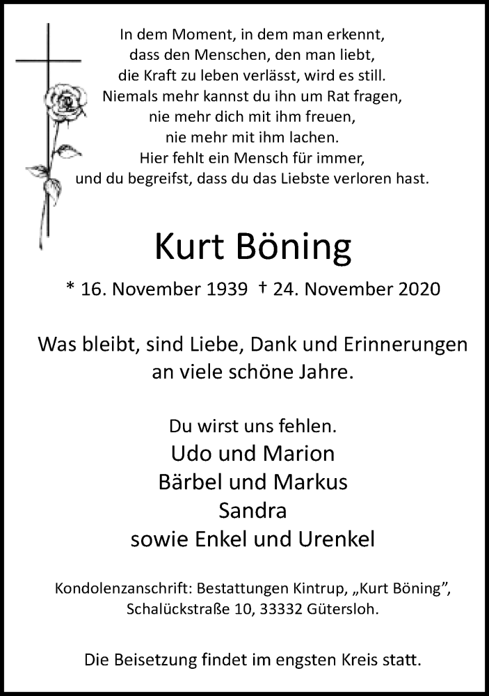  Traueranzeige für Kurt Böning vom 27.11.2020 aus Neue Westfälische